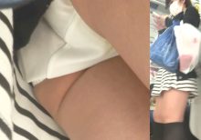 パンチラ盗撮 OLさん ボーダーのミニスカから見えた白パンツ