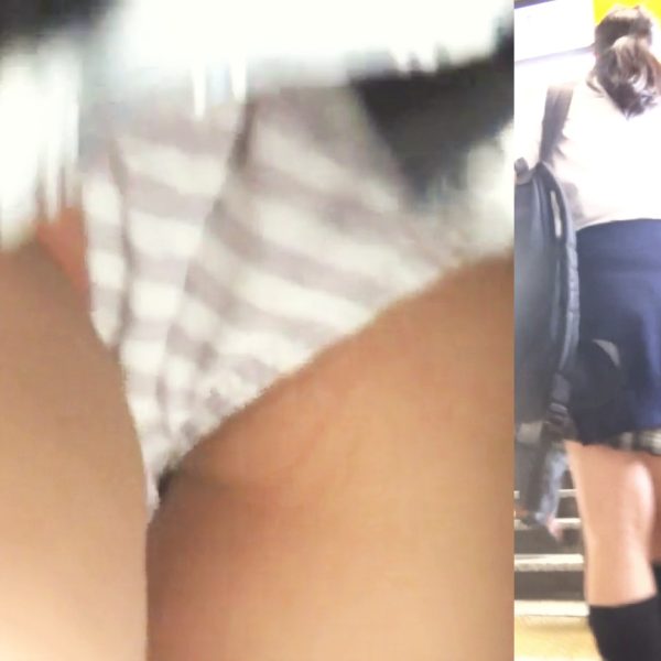 パンチラ盗撮 制服女子 縞パンツが階段で丸見え