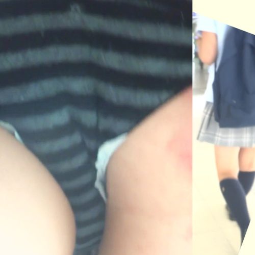 パンチラ盗撮 制服女子 超ミニスカから見える縞パンツを接写 ナプキン付き