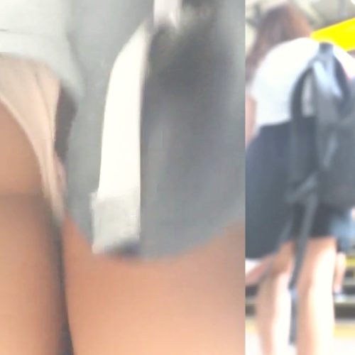 パンチラ盗撮 女子大生 白パンツが尻の割れ目に食い込み気味