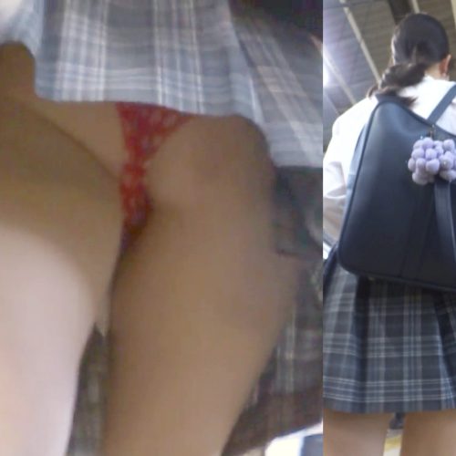 パンチラ盗撮 制服女子 赤地に白の水玉パンツがケツに食い込み