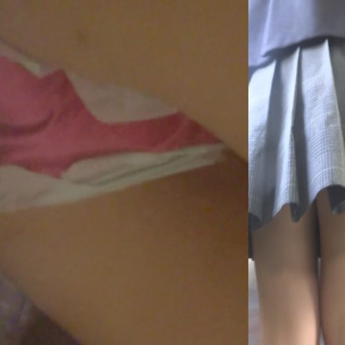 パンチラ盗撮 制服女子 電車内で股間に迫るナプキン付きピンクパンツ