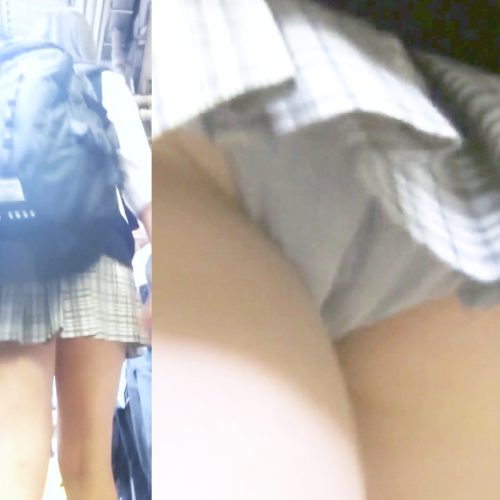 パンチラ盗撮 制服女子 ミニスカすぎて駅のホームでグレーの食い込みパンツ丸見え