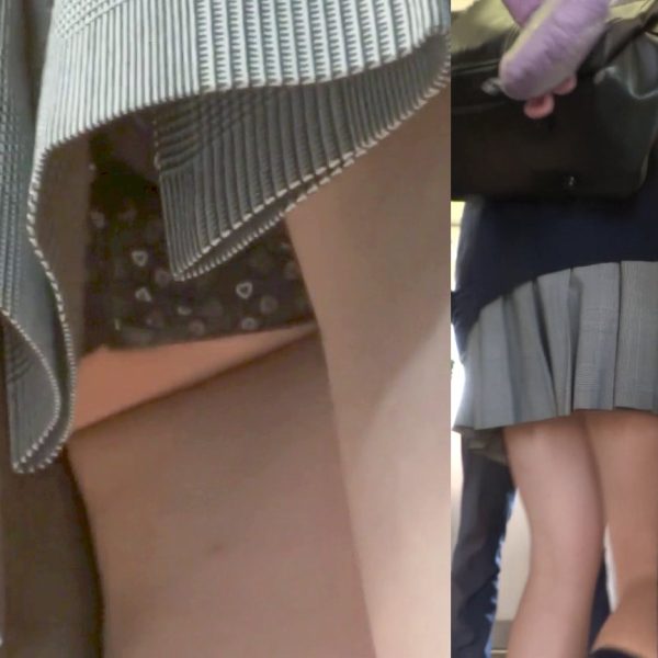 パンチラ盗撮 制服女子 ハート柄 黒パンツ