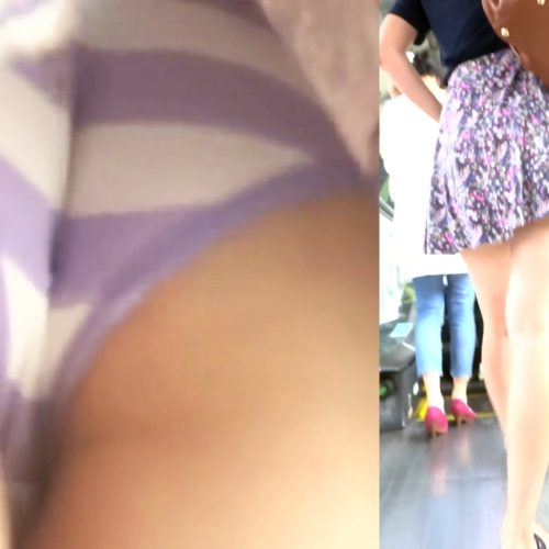 パンチラ盗撮 女子大生 白と紫の縞パンGET