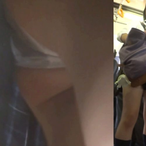 [★顔出し]パンチラ盗撮 制服女子 電車内でサテンの白パンツ激写