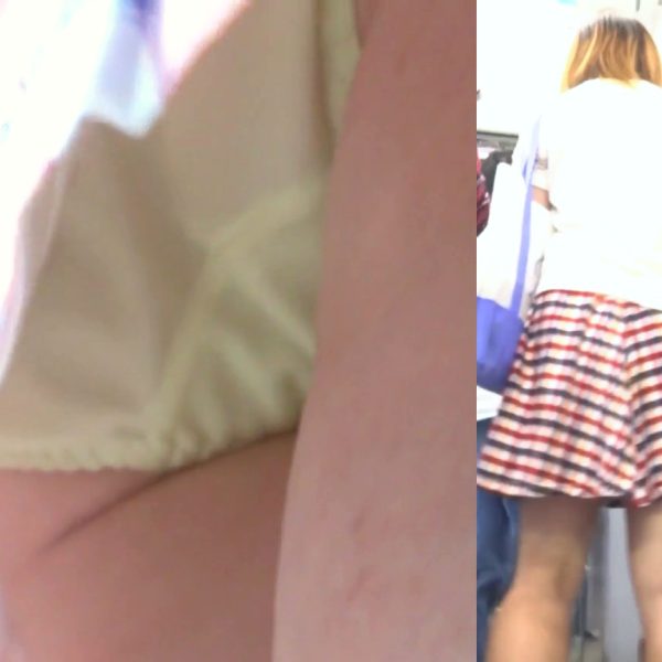 パンチラ盗撮 茶髪ギャル 黄緑色パンツを電車内で撮影
