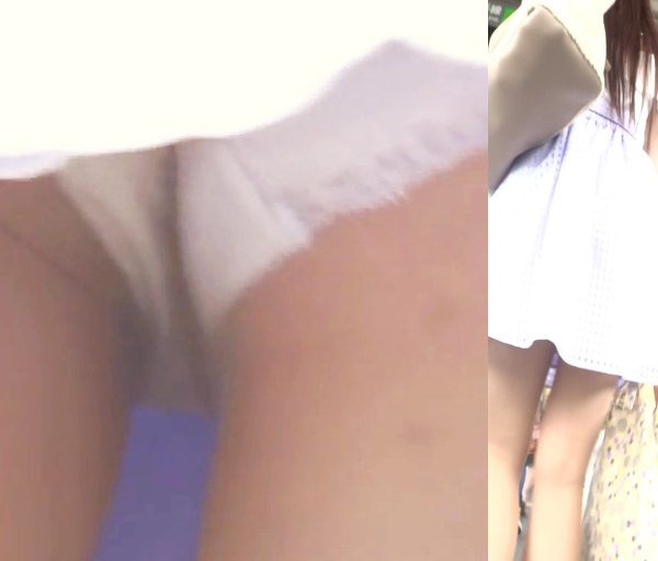 パンチラ盗撮 OLさん レース付き白パンツを電車内とホームで撮影