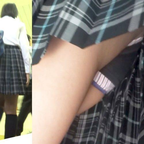 パンチラ盗撮 制服女子 重ね履きからハミ出した縞パンツ