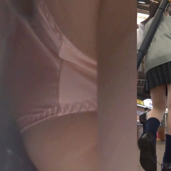 パンチラ盗撮 制服女子 ピンクパンツが階段と電車内で丸見え