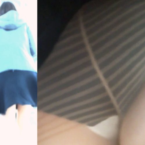 パンチラ盗撮 女子大生 縞パンに見える黒パンツに超接写撮影 ナプキン付き