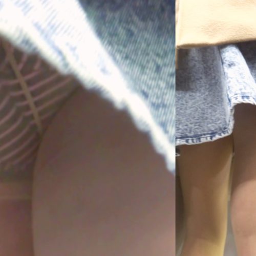 パンチラ盗撮 ミニスカギャル デニムミニスカの中は黒とピンクの縞パンツ
