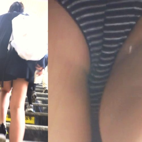 パンチラ盗撮 女子大生 縞パンが階段で炸裂