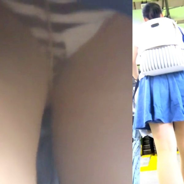 パンチラ盗撮 女子大生 白と黒の縞パンツ見えすぎ ナプキン付き