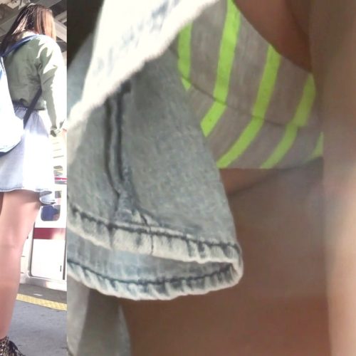 パンチラ盗撮 女子大生 縞パンツが蛍光色 超接近撮影